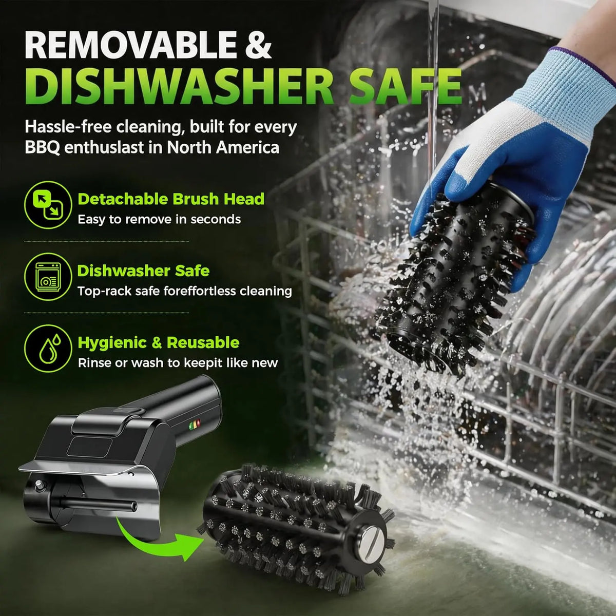 Cordless USB Rechargeable Electric BBQ Cleaning Brush - High Speed Motor, Heavy-Duty Stainless Steel Bristles, Replaceable Detachable Head, Automatic Grate Cleaner, Scouring Pad, Scratch-Resistant Gloves, Grilling Accessories for Fathers, Husbands, Utensi