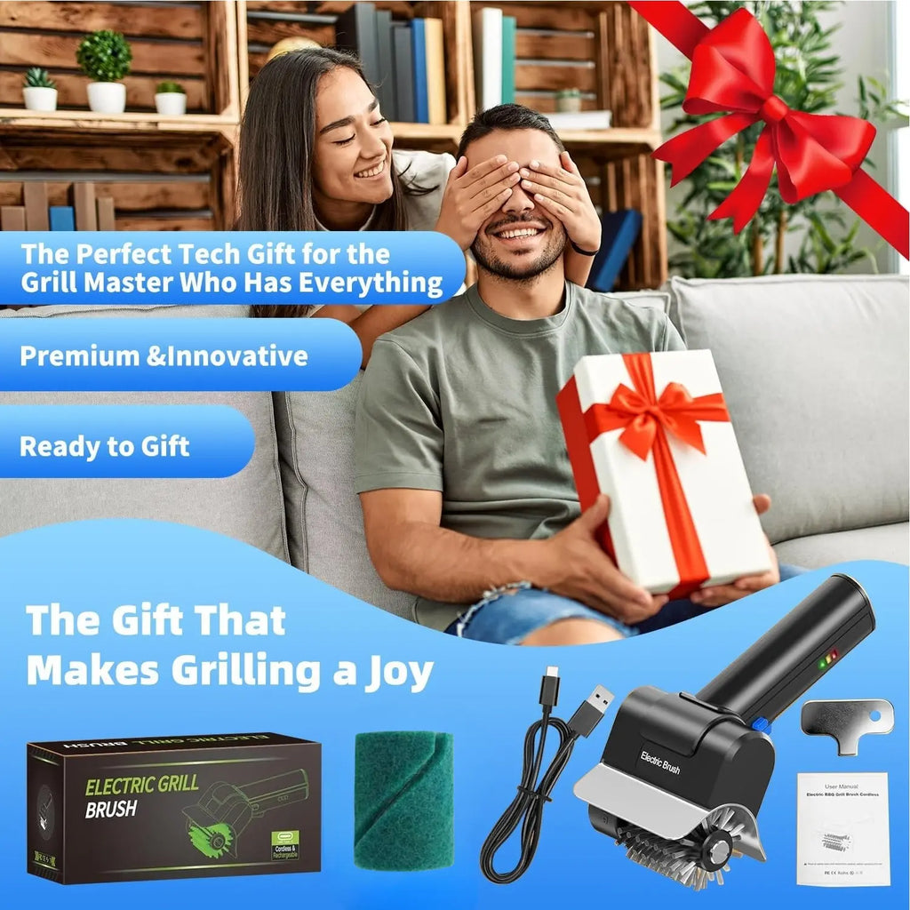Cordless USB Rechargeable Electric BBQ Cleaning Brush - High Speed Motor, Heavy-Duty Stainless Steel Bristles, Replaceable Detachable Head, Automatic Grate Cleaner, Scouring Pad, Scratch-Resistant Gloves, Grilling Accessories for Fathers, Husbands, Utensi